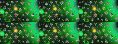 Raster illüstrasyonu. Yeşil ve gri renkli çiçekler. Düz Çiçek Elementleri Tasarımı. Renkli Bahar Teması eskiz kalıbı. Çiçekli çiçek deseni, suluboya..