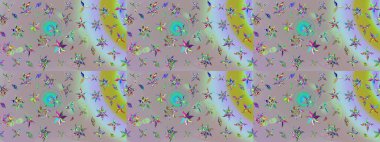 Nakış desenli çiçek deseni. Renkli grunge, koloni ve gri çiçeklerle soyut bir arka plan oluşturur. İzler, kumaş, duvar kağıtları, tekstil için raster dokusu.