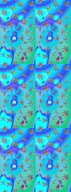 Küçük çiçekte hoş bir çiçek deseni var. Çiçeksel elementlerle süslenmiş zarif raster dokusu. Parlak çiçekli mavi ve yeşil renkler üzerine soyut çizim deseni.