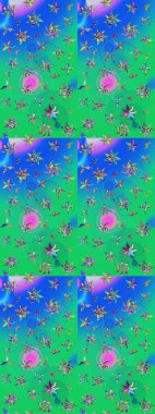 Hediye ambalaj kağıdı, tebrik kartları, posterler ve pankart tasarımı. Raster düz çiçek çizim deseni. Yeşil ve mavi renkte çiçekler.