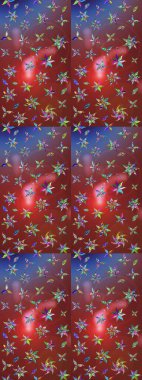 Çok kahverengi ve kırmızı zarif küçük çiçekler ve kahverengi ve kırmızı renkli komik böcekler, raster desen, illüstrasyon.