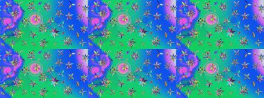 Nakış desenli çiçek deseni. Renkli grunge, soyut arkaplanı kolomavi ve yeşil çiçeklerle süslüyor. İzler, kumaş, duvar kağıtları, tekstil için raster dokusu.