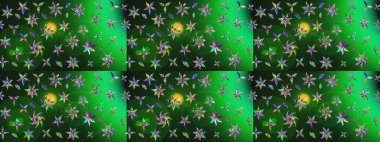 Moda baskıları için zarif bir şablon. Halk tarzı. Modern çiçek arkaplanı. Parlak renkli çiçekleri ve yeşil ve gri renkte yaprakları olan muhteşem bir çiçek deseni..