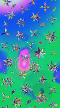 Raster illüstrasyonu. Asya tekstil tarzında. Raster illüstrasyonu. Çiçek desenli çizim. Yeşil ve mavi renkte çiçekler.