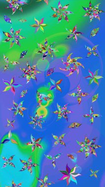 Raster - stok. Yapraklı çiçekler ve mavi ve yeşil renkli papatya çiçekleri. Taslak arkaplan deseni.