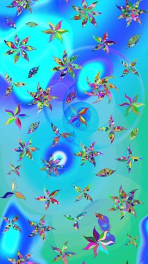 Tekstil için suluboya eskiz deseni. El çizimi çiçek çizimi deseni (fayans). Şirin çiçekleri, desenleri, mavi ve yeşil renkleri olan renkli çizim deseni.