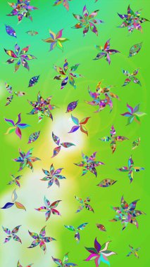 Raster illüstrasyonu. Patlayan çiçekler soyut olarak yerleştirilmiş. Yumuşak, yeşil ve nötr renklerde bahar çiçekleri. Raster deseni.