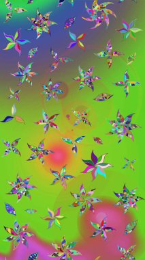 Düz Çiçek Elementleri Tasarımı. Yeşil ve mor renkli çiçekler. Renkli Bahar Teması eskiz kalıbı. Raster illüstrasyonunda çiçek deseni çizimi.