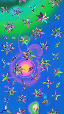 Raster illüstrasyonu. Şirin karalamalı çiçek desenli çizim. Raster illüstrasyonu. Robot resim tarzı mavi ve yeşil renkler. El yapımı çiçek ve bitki koleksiyonu.