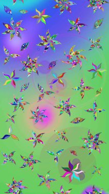 Renkli Yaz Temalı eskiz kalıbı. Raster Illustrasyon 'daki Çiçek Deseni' nin son moda çizimi. Düz Çiçek Elementleri Tasarımı. Yeşil ve mor renkte çiçekler.