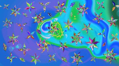Çiçeksel çizim kalıbının yansıması. Vadinin çiçekleri mavi ve yeşil renklerde.