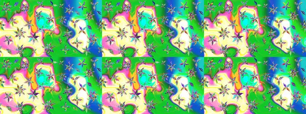 Raster illüstrasyonu. Küçük çiçekli yay deseni çiz. Suluboya tarzında yeşil ve mavi renkler üzerine.