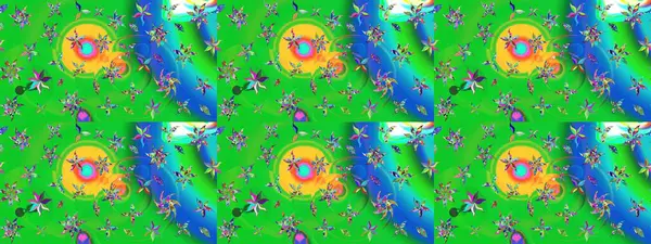 Raster illüstrasyonundaki çiçek desenli çizim. Suluboya tarzında yeşil ve mavi renkte çiçekler.