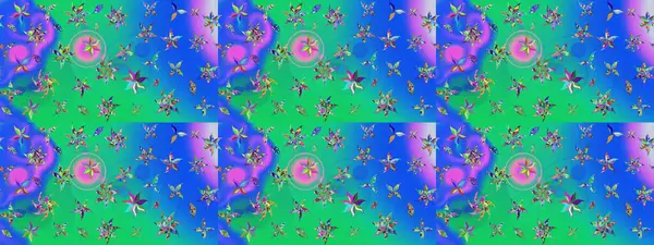 Nakış desenli çiçek deseni. Renkli grunge, soyut arkaplanı kolomavi ve yeşil çiçeklerle süslüyor. İzler, kumaş, duvar kağıtları, tekstil için raster dokusu.