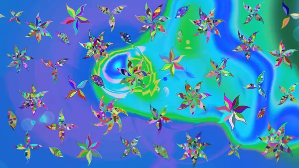 Çiçeksel çizim kalıbının yansıması. Vadinin çiçekleri mavi ve yeşil renklerde.