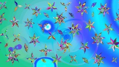 Düz Çiçek Elementleri Tasarım Raster illüstrasyonu. Mavi ve yeşil renkli çiçekler. Renkli Bahar Teması eskiz kalıbı. Çiçek eskiz kalıbı geçmişi.