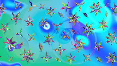 Moda baskıları için zarif bir şablon. Modern çiçek arkaplanı. Halk tarzı. Parlak renkli çiçekleri olan ve mavi ve yeşil renkli yaprakları olan inanılmaz bir çiçek deseni..