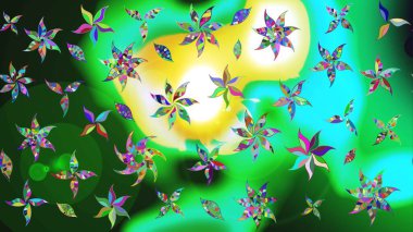 Küçük çiçekteki sevimli çiçek deseni. Yumuşak, yaz çiçekleri yeşil ve mavi renklerde. Raster illüstrasyonu. Raster deseni.