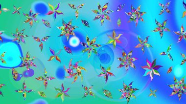 Raster deseni. Raster illüstrasyonu. Patlayan çiçekler soyut olarak yerleştirilmiş. Mavi ve yeşil renklerde bahar çiçekleri..