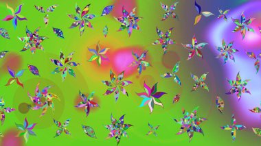 Yeşil ve menekşe rengi çiçekli çizim deseni. Çiçekler suluboya tarzında yeşil ve mor renkte.