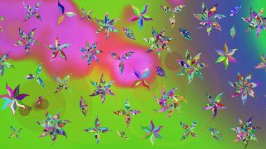 Düz Çiçek Elementleri Tasarımı. Yeşil ve mor renkli çiçekler. Sevimli çiçek raster deseni. Renkli Bahar Teması çizim şablonu.