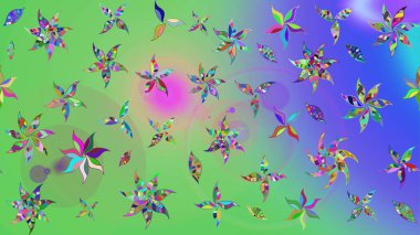 Yeşil ve mavi renkte çiçekler. Tropik çiçek desenleri. Raster illüstrasyonu.