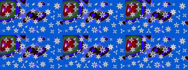 Raster illüstrasyonu. Çiçek buketleriyle klasik bir eskiz şekli. Mavi ve nötr renklerde.