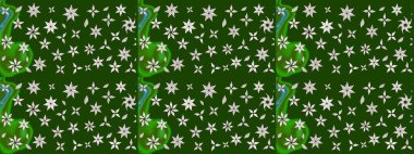 Yeşil ve nötr küçük çiçekler ve yeşil ve nötr renklerdeki komik böcekler, raster desen, illüstrasyon.