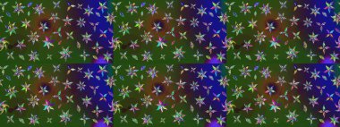 Raster illüstrasyonu. Yeşil ve mavi renklere karalamalar çizilmiş çiçek deseni.