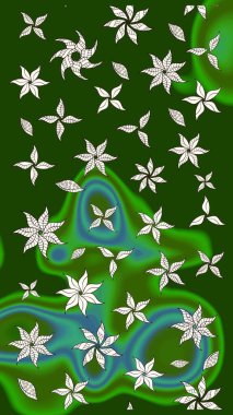 Çiçek desenli çizim. Raster illüstrasyonu. Raster illüstrasyonu. Asya tekstil tarzında. Yeşil ve nötr renkte çiçekler.