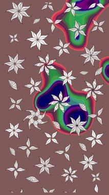 Raster illüstrasyonu. Kahverengi ve nötr renklerde bahar çiçekleri. Çiçek ve yapraklı karalama şeklinde Raster çiçek deseni.