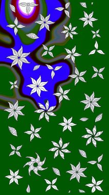 Şirin çiçekli, desenli, yeşil ve mavi renkli renkli bir eskiz. El çizimi çiçek çizimi deseni (fayans). Tekstil için suluboya çizim deseni.