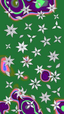 Yeşil ve nötr renklerde çiçekler. Raster illüstrasyonu. El çizimi çiçekli soyut çizim deseni.