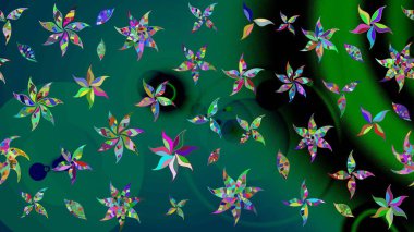 Renkli Bahar Teması eskiz kalıbı. Yeşil ve mavi renkte çiçekler. Düz Çiçek Elementleri Tasarımı. Sevimli çiçek raster deseni.