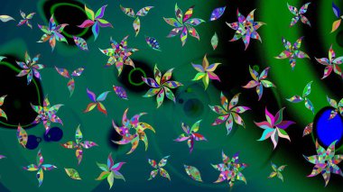 Raster illüstrasyonu. Yeşil ve mavi renkli Asya tekstili. Suluboya çiçekli çiçek deseni.