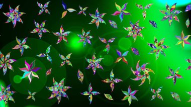 Yeşil ve mavi renkte çiçekler. Renkli Bahar Teması eskiz kalıbı. Sevimli çiçek raster deseni. Düz Çiçek Elementleri Tasarımı.