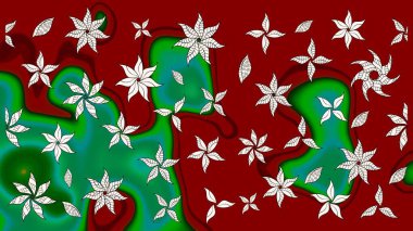 Raster illüstrasyonu. Kırmızı ve yeşil kıvırcık çiçekler kırmızı ve yeşil renklerde şekillenir. Klasik çiçek tasarım elementleri.