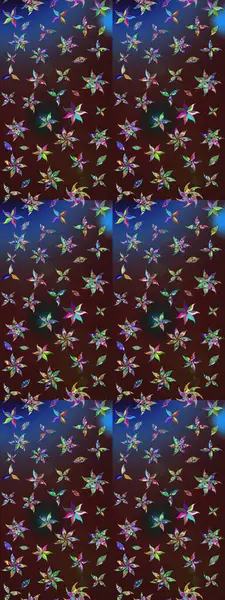 Motley illüstrasyonu. Kahverengi ve mavi çiçekli bahar çiçekleri. Küçük çiçekte güzel bir desen. Moda baskıları için zarif bir şablon. Küçük renkli çiçekler..