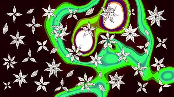 Raster illüstrasyonundaki çiçek desenli çizim. Suluboya tarzında siyah ve yeşil renkte çiçekler.