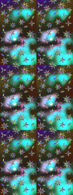 Çiçekli karalama şeklinde Raster çiçek deseni. Raster illüstrasyonu. Yeşil ve mavi renklerde bahar çiçekleri..