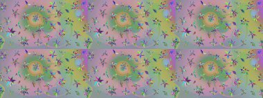 Nazik, narin çiçek arkaplanı. Çiçekli karalama şeklinde Raster çiçek deseni. Tarafsız ve yeşil renkte çiçekler.