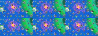 Düz Çiçek Elementleri Tasarımı. Mavi ve yeşil renkli çiçekler. Raster illüstrasyonu. Çiçek desenli çizim. Renkli Bahar Teması eskiz kalıbı. Asya tekstil tarzında.