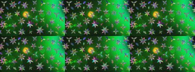 Raster illüstrasyonu. Şirin çiçekli eskiz deseni ve yeşil ve gri renkli yapraklar, suluboya çiçek deseni, duvar kağıdı, kart veya kumaş için fayanslı.