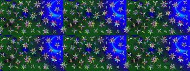 Raster Floral Illustration, Asyalı tekstil. Mavi ve yeşil renkli etnik çiçeklerle zarif bir eskiz deseni.