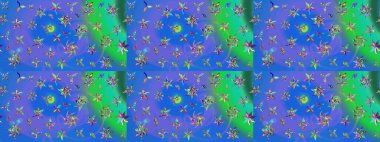 Mavi ve yeşil renkte etnik çiçeklerle süslenmiş zarif bir eskiz şekli. Raster Çiçek İllüstrasyonu güzel tekstil..