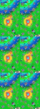 Yeşil ve mavi renkte güzel çiçekler, suluboya desenli, duvar kağıdı, kart ya da kumaş için fayanslı eskizler. Raster..