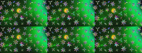 Raster illüstrasyonu. Şirin çiçekli eskiz deseni ve yeşil ve gri renkli yapraklar, suluboya çiçek deseni, duvar kağıdı, kart veya kumaş için fayanslı.