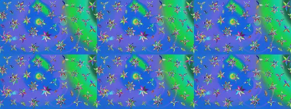 Raster - stok. Yapraklı çiçekler ve mavi ve yeşil renkli papatya çiçekleri. Taslak arkaplan deseni.