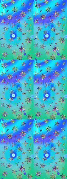 Dallı bahar çiçekleri ile desen, mavi ve yeşil renkler ile çiçek silueti. Raster deseni.