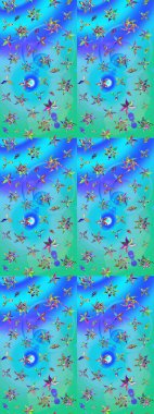 Mavi ve yeşil renkli çiçekler. Raster illüstrasyonunda çiçek deseni çizimi.